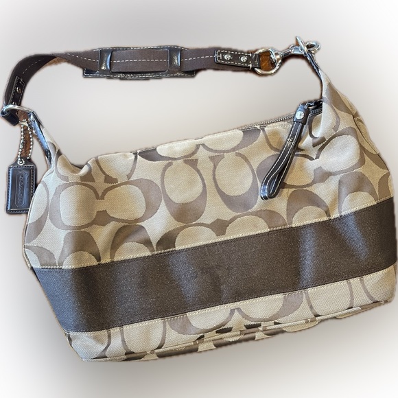 Coach Signature Stripe Hobo in Khaki and Brown - Picture 2 of 3